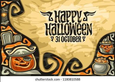 Vector greeting card for Halloween holiday with copy space, orange carved pumpkins, moon and bats above graves, original typeface for words happy halloween 31 october, placard with Jack o Lanterns.