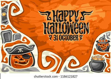 Vector greeting card for Halloween holiday with copy space, orange carved pumpkins, moon and bats above graves, original typeface for words happy halloween 31 october, placard with Jack o Lanterns.