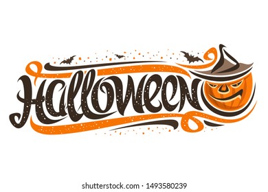 Vector greeting card for Halloween Holiday, decorative flyer for autumn sale with cartoon eerie Jack-o-Lantern and flying bats, original brush typeface for writing word halloween on white background.