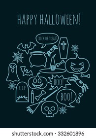 vector greeting card for Halloween with holiday symbols and text Happy Halloween text above