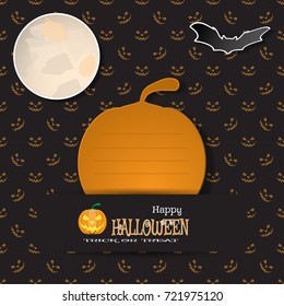 Vector greeting card for Halloween holiday with pumpkin silhouette, moon, bat on the dark background with pattern of smiles.