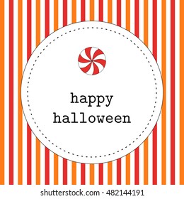 Vector greeting card for Halloween with orange, red and white stripes and lollipop