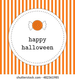 Vector greeting card for Halloween with orange and white stripes and candy