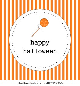 Vector greeting card for Halloween with orange and white stripes and lollipop