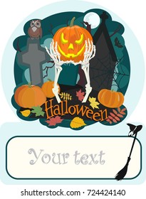 Vector greeting card for Halloween with skeleton hands holding pumpkin in the cemetery, owl and bat, foliage and place for greeting or invitation lettering.
