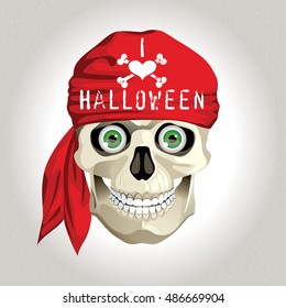 Vector greeting card for Halloween with the skull in red du-rag that says "I love Halloween"