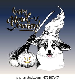 Vector greeting card for Halloween. Welsh corgi dog wearing the witch hat. Broom and pumpkin lanterns. Decorated with lettering Happy Howl-oween and bats. Hand drawn.