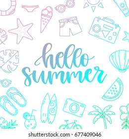 Vector greeting card with hand drawn lettering - Hello summer. Summer holiday symbols in linear style