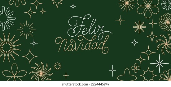 Vector greeting card with hand-lettering in linear style - feliz navidad, horizontal banner and background, merry christmas in spanish