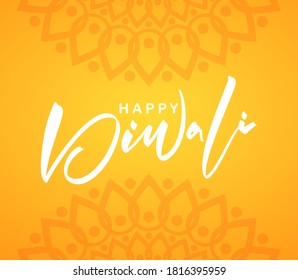 Tarjeta de saludo vectorial con letras tipo brocha manuscrita de Happy Diwali en fondo naranja