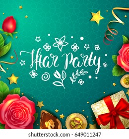 Vector greeting card with handwritten calligraphic inscription Iftar Party. Islamic holiday Ramadan Kareem. Turquoise background. Shiny golden stars. Arabic sweets and flowers.