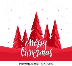 Vector Greeting Card with handwritten lettering of Merry Christmas and pine forest.