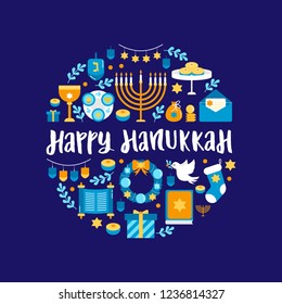 Vector greeting card with Hanukkah symbols made in flat design style. Colorful holiday banner with hand written calligraphy Happy Hanukkah