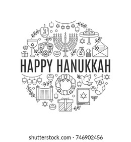 Vector greeting card with Hanukkah symbols made in trendy linear style, isolated on white background