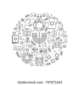 Vector greeting card with Hanukkah symbols made in trendy linear style, isolated on white background