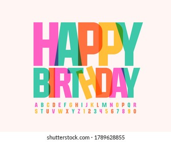 Vector Greeting card Happy Birthday. Bright modern Font. Colorful Alphabet Letters and Numbers