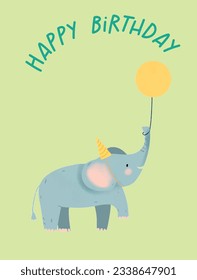 Tarjeta de saludo vectorial, Feliz cumpleaños a ti, lindo elefante con globo, acuarela. Banner vectorial impreso, tarjeta de saludo, afiche, invitación, postal