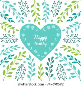 Vector greeting card with Happy Birthday words and floral elements and heart in minty green colors.