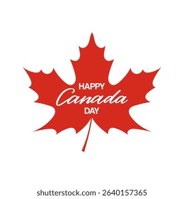 Vector greeting card Happy Canada Day hand written text on red maple leaf, isolated on white background