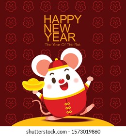 Vector greeting card Happy Chinese New Year, The year of the rat, A cute happy rat character holding gold
