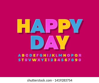Tarjeta de felicitación vectorial Feliz Día. Fuente creativa colorida. Letras y números alfabetos en mayúsculas y minúsculas