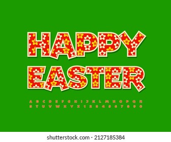 Tarjeta de saludo vectorial Feliz Pascua. Tipo de letra de primavera. Letras y números alfabetos fijados con impresión floral