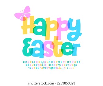 Vector greeting card Happy Easter. Creative watercolor Font. handwritten  Alphabet Letters and Numbers