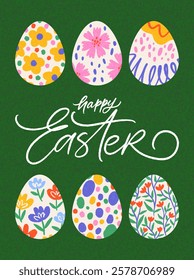 Vector greeting card - Happy Easter. Colorful banner with decorated eggs, grainy texture