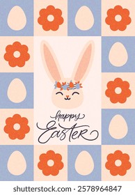 Vector greeting card - Happy Easter. Modern poster with happy bunny and hand written calligraphy