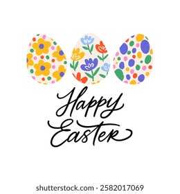 Vector greeting card - Happy Easter. Colorful banner with decorated eggs isolated on white background