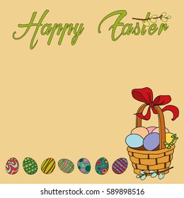 Vector greeting card Happy Easter with basket and eggs