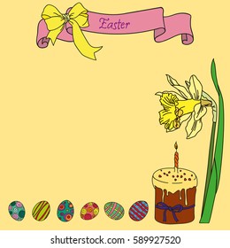 Vector greeting card Happy Easter with narcissus, cake and eggs
