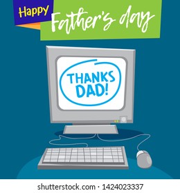 Vector greeting card Happy father's day. Thanks dad. Retro computer monitor, keyboard, mouse.  Computer programmer. Web banner