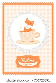 Vector greeting card with a happy fox in a cup.