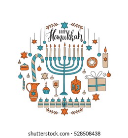 Vector greeting card - Happy Hanukkah, with  hand drawn hanukkah symbols - menorah, dreidel, candles, sweets and etc. Doodle holiday clip art
