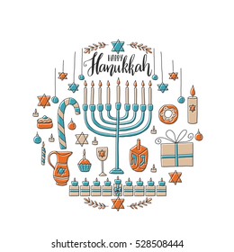 Vector greeting card - Happy Hanukkah, with  hand drawn hanukkah symbols - menorah, dreidel, candles, sweets and etc. Doodle holiday clip art