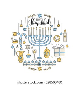 Vektor Grußkarte - Happy Hanukka, mit handgezeichneten hanukkah Symbolen - menorah, dreidel, Kerzen, Süßigkeiten und so weiter. Doodle Feiertagsklips Kunst