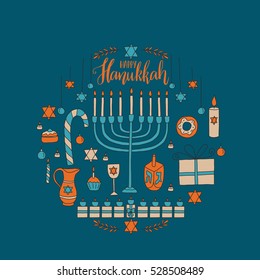 Vector greeting card - Happy Hanukkah, with  hand drawn hanukkah symbols - menorah, dreidel, candles, sweets and etc. Doodle holiday clip art