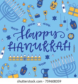 Vector greeting card - Happy Hanukkah, with hand drawn hanukkah symbols - menorah, dreidel, candles, sweets and etc. Doodle holiday clip art