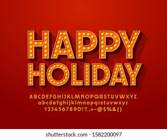 Vector greeting card Happy Holiday with retro lightbulb Font. Electric Alphabet Letters, Numbers and Symbols