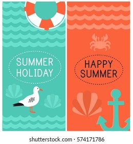 Vector greeting card "Happy holidays!". Seagull, anchor, conch.