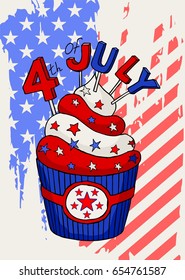 Vector greeting card. Happy Independence Day. Fourth of July. A cake with stars.  Hand drawn illustration