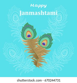 vector of greeting card Happy Janmashtami with peacock feathers