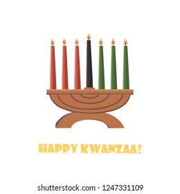 Vector greeting card happy kwanzaa. Traditional candlestick Kinara with seven candles on a white background
