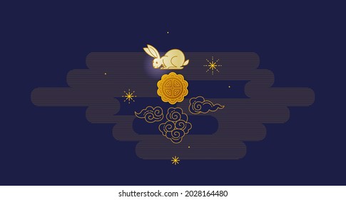 Vector greeting card with Happy Mid Autumn Festival Illustration, cute bunny, stars, moon cakes, Chinese style clouds on dark background. Traditional Chinese family holiday.  Moon cakes festival.