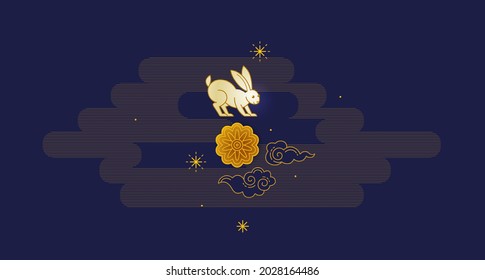Vector greeting card with Happy Mid Autumn Festival Illustration, cute bunny, stars, moon cakes, Chinese style clouds on dark background. Traditional Chinese family holiday.  Moon cakes festival.