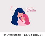 Vector greeting card for Happy Mother's day of Cute young mother embracing her daughter with love.