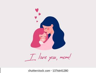 Vector greeting card for Happy Mother's day of Cute young mother embracing her daughter with love.