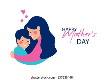 Vector greeting card for Happy Mother's day of Cute young mother embracing her son with love.