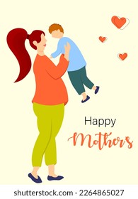 Vector greeting card for Happy Mother's day of Cute young mother embracing her son with love.Vector illustration